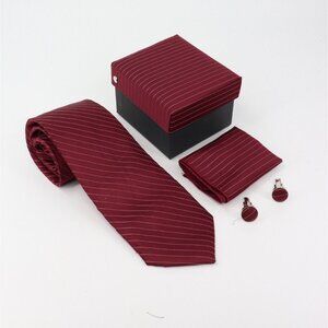 NEW 3 Pc Boxed Gift Tie Set Coordinated Print Cuff Links Pocket Square Red